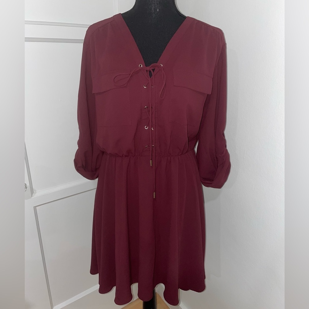 Ever New - Maroon Front Tie Adjustable Sleeve Midi Dress - Size 12